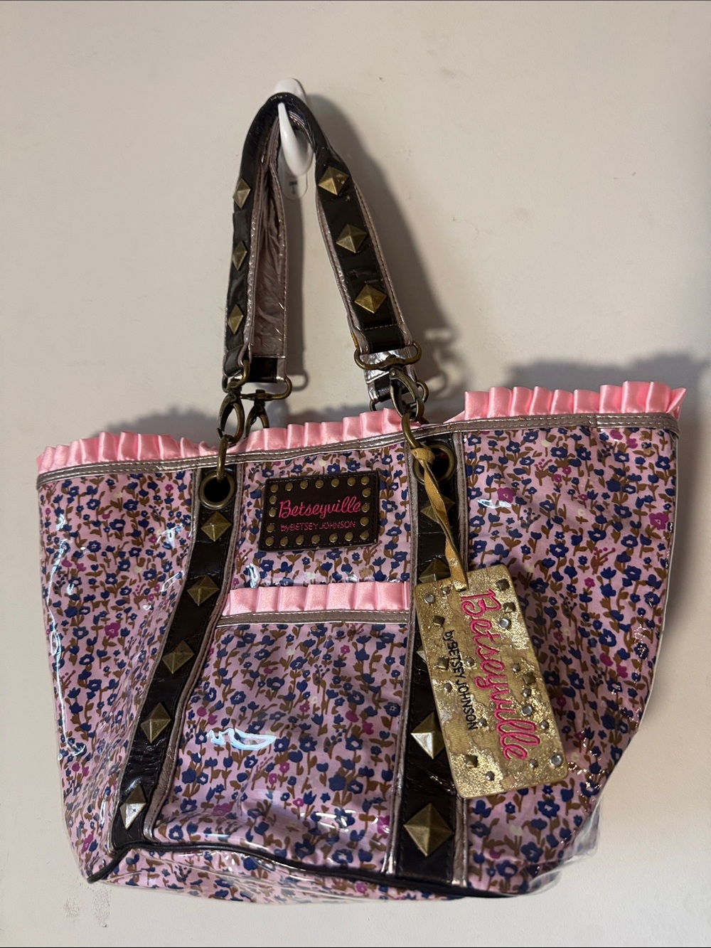 Betsey Johnson Pink Leopard-Print Tote with Studded Brown Handles